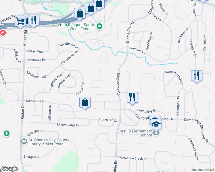 map of restaurants, bars, coffee shops, grocery stores, and more near 1101 Dingledine Road in Saint Charles