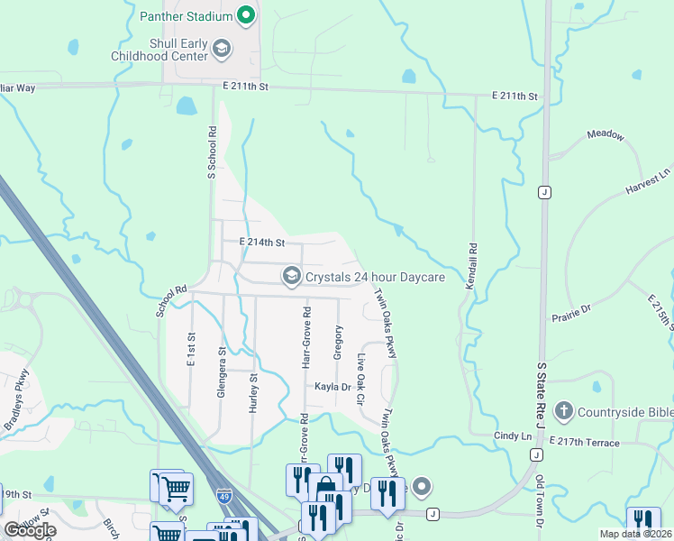 map of restaurants, bars, coffee shops, grocery stores, and more near 12205 East 214th Street in Peculiar