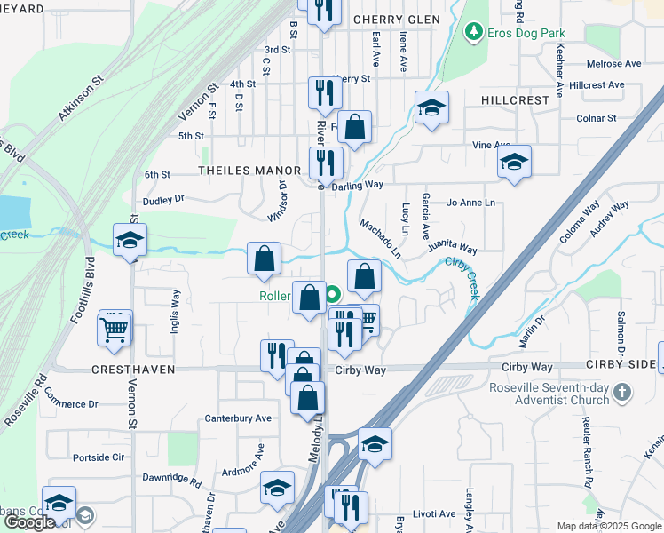 map of restaurants, bars, coffee shops, grocery stores, and more near 701 Riverside Avenue in Roseville