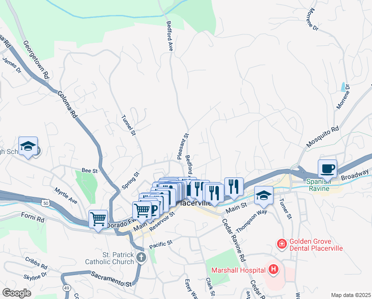 map of restaurants, bars, coffee shops, grocery stores, and more near 2928 Bedford Avenue in Placerville