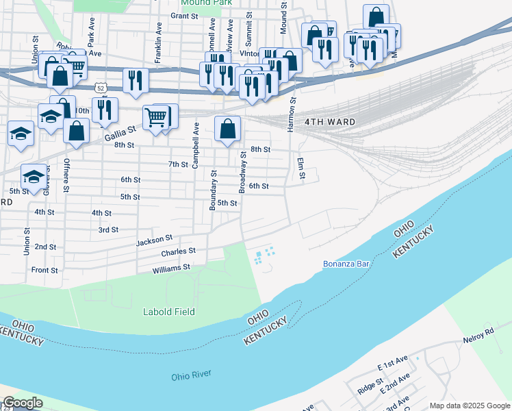 map of restaurants, bars, coffee shops, grocery stores, and more near 2125 Royce Street in Portsmouth