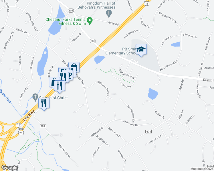 map of restaurants, bars, coffee shops, grocery stores, and more near 6268 Highmeadow Place in Warrenton