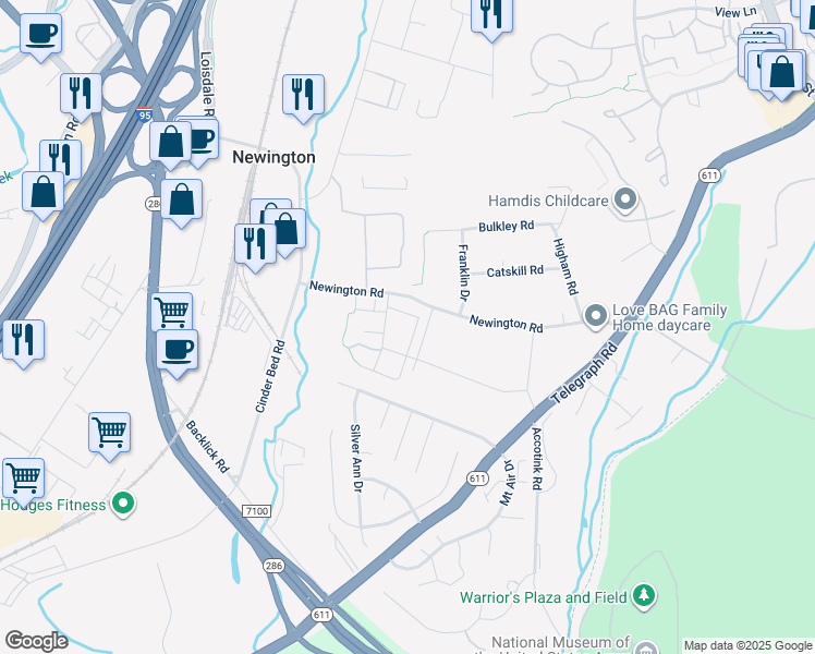 map of restaurants, bars, coffee shops, grocery stores, and more near 8220 Stationhouse Court in Lorton