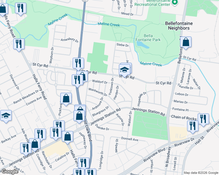 map of restaurants, bars, coffee shops, grocery stores, and more near 9430 Ardmore Drive in St. Louis