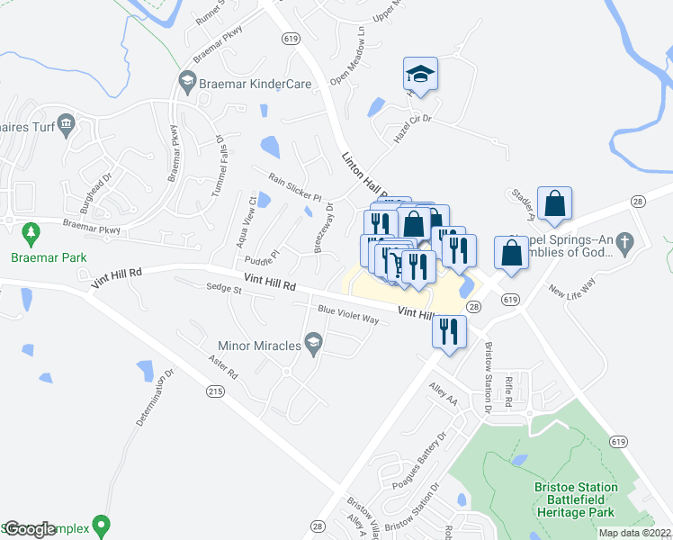map of restaurants, bars, coffee shops, grocery stores, and more near 12071 Serenity Place in Nokesville