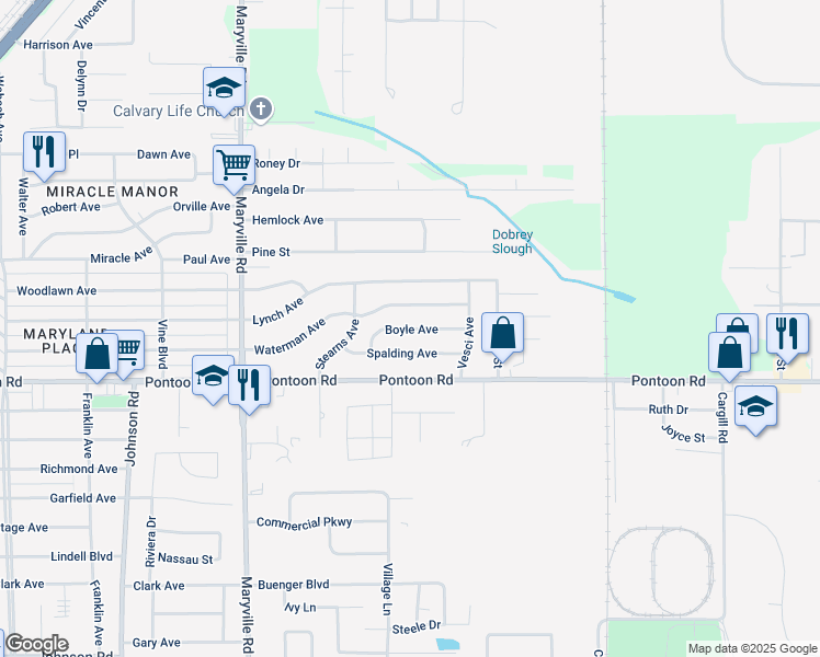 map of restaurants, bars, coffee shops, grocery stores, and more near 2549 Boyle Avenue in Granite City