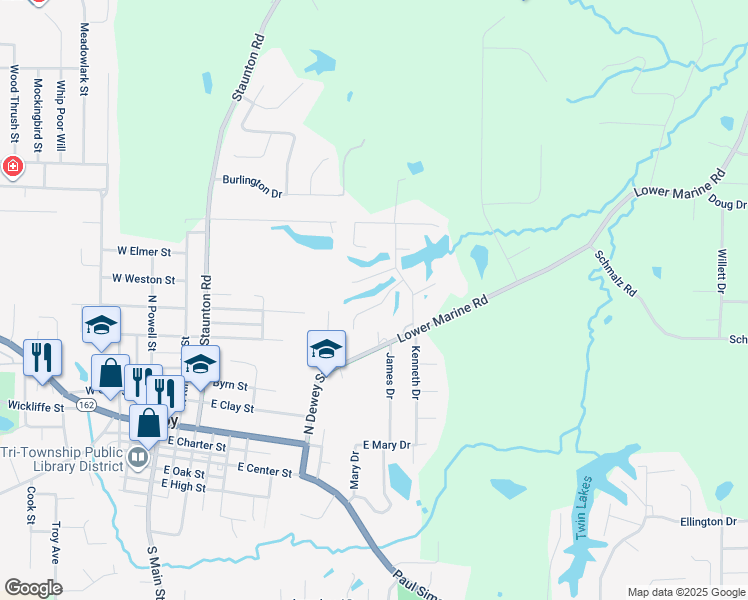 map of restaurants, bars, coffee shops, grocery stores, and more near 512 Lakewood Drive in Troy