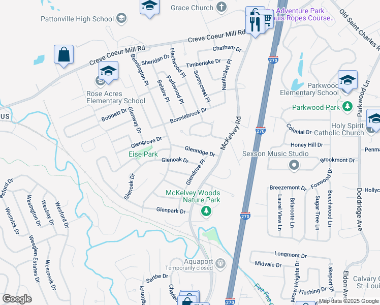 map of restaurants, bars, coffee shops, grocery stores, and more near 11922 Glenridge Drive in Maryland Heights