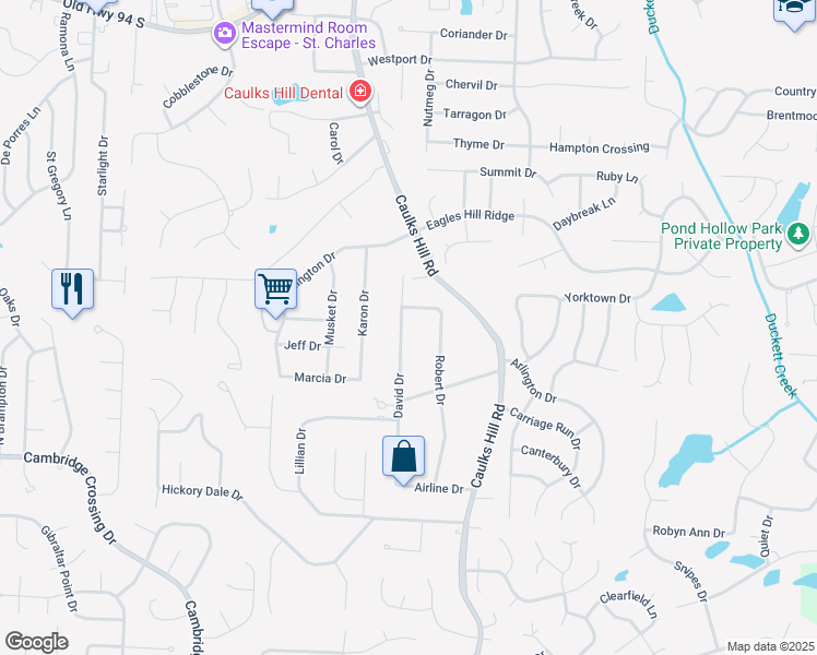 map of restaurants, bars, coffee shops, grocery stores, and more near 67 David Drive in Saint Charles