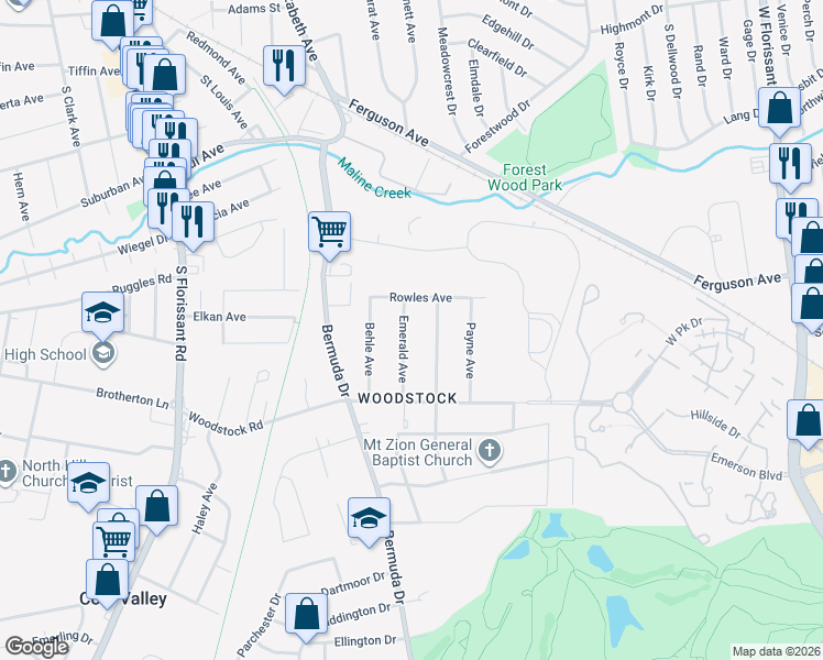map of restaurants, bars, coffee shops, grocery stores, and more near 6162 Emerald Avenue in Ferguson