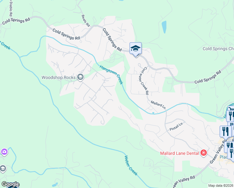 map of restaurants, bars, coffee shops, grocery stores, and more near 3021 Rising Hill Court in Placerville