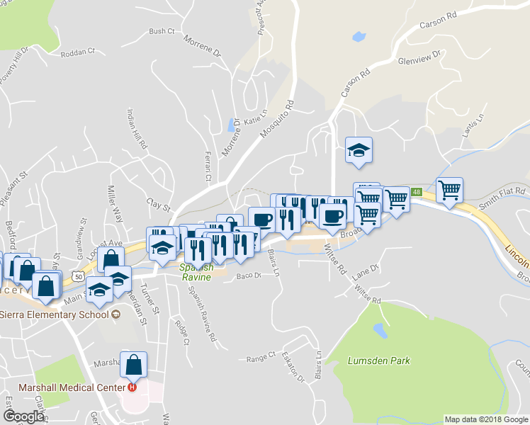 map of restaurants, bars, coffee shops, grocery stores, and more near 1334 Village Lane in Placerville
