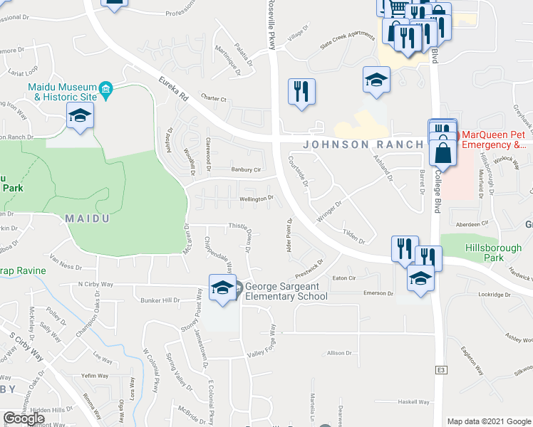map of restaurants, bars, coffee shops, grocery stores, and more near 408 Halliford Court in Roseville
