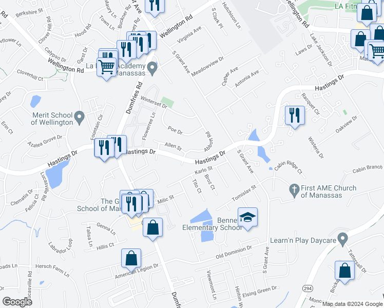 map of restaurants, bars, coffee shops, grocery stores, and more near 10337 Abbott Road in Manassas
