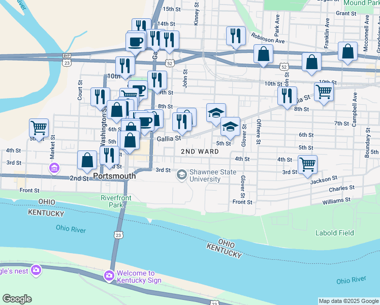 map of restaurants, bars, coffee shops, grocery stores, and more near 1014 4th Street in Portsmouth