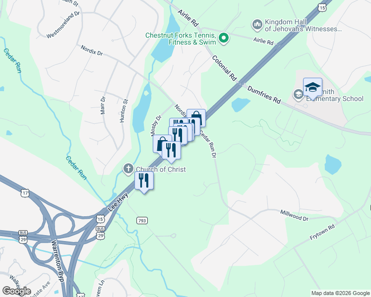 map of restaurants, bars, coffee shops, grocery stores, and more near 6435 Lee Highway in Warrenton
