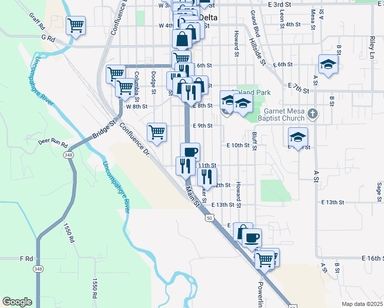 map of restaurants, bars, coffee shops, grocery stores, and more near 1030 Main Street in Delta