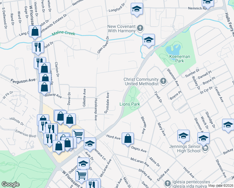 map of restaurants, bars, coffee shops, grocery stores, and more near 2622 Solway Avenue in Jennings