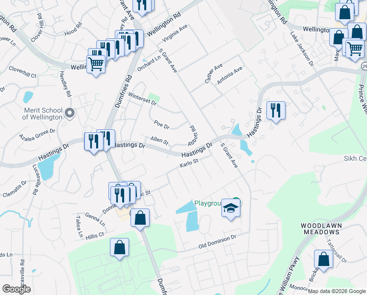 map of restaurants, bars, coffee shops, grocery stores, and more near 10333 Abbott Road in Manassas