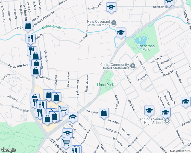 map of restaurants, bars, coffee shops, grocery stores, and more near 2622 Solway Avenue in Jennings