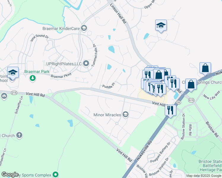 map of restaurants, bars, coffee shops, grocery stores, and more near 12147 Puddle Place in Nokesville
