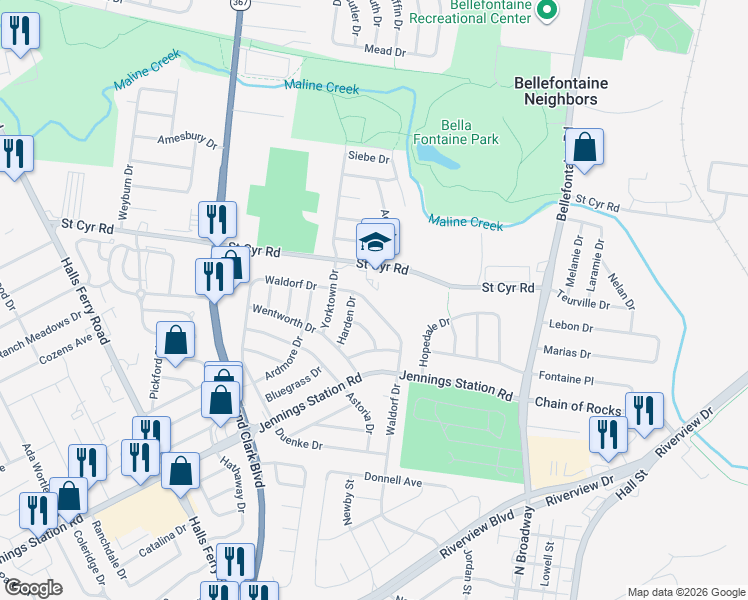 map of restaurants, bars, coffee shops, grocery stores, and more near 1165 Waldorf Drive in St. Louis