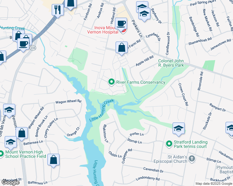 map of restaurants, bars, coffee shops, grocery stores, and more near 8255 Clifton Farm Court in Alexandria