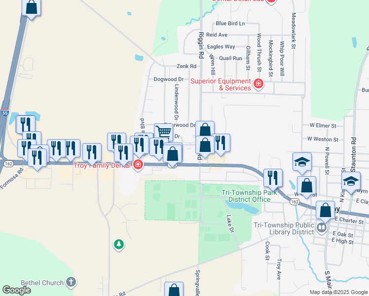 map of restaurants, bars, coffee shops, grocery stores, and more near 515 Edwardsville Road in Troy