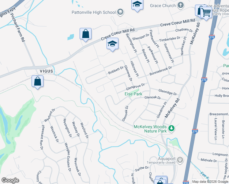 map of restaurants, bars, coffee shops, grocery stores, and more near 2815 Rose Acres Lane in Maryland Heights