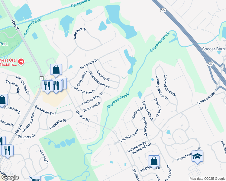 map of restaurants, bars, coffee shops, grocery stores, and more near 78 Morgantown Court in Saint Charles