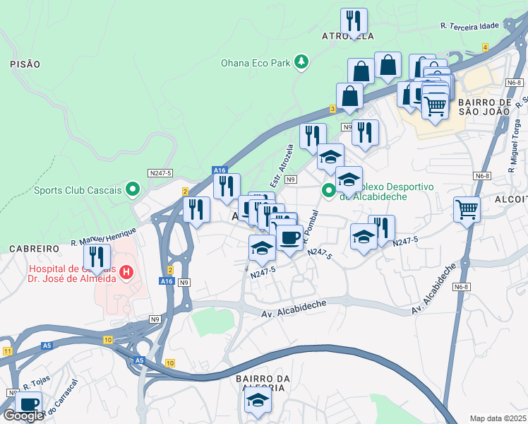map of restaurants, bars, coffee shops, grocery stores, and more near 35 Rua Cesaltina Fialho Gouveia in Alcabideche