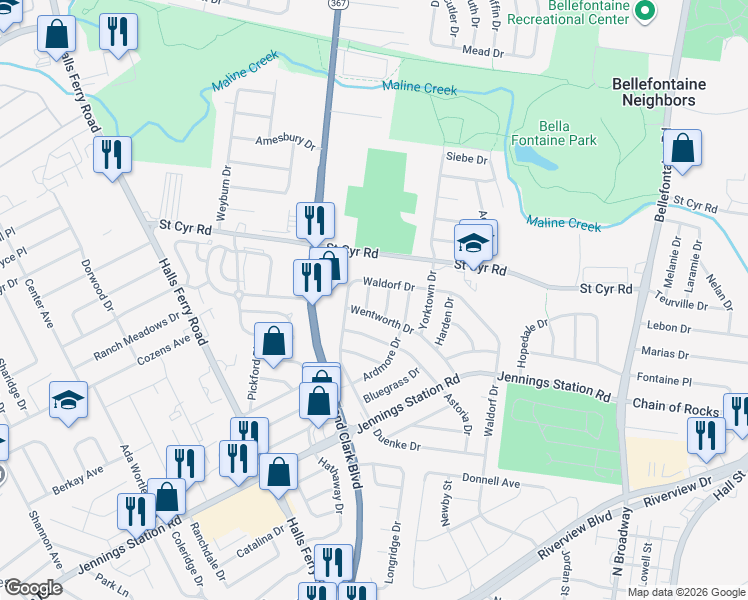 map of restaurants, bars, coffee shops, grocery stores, and more near 9408 Aetna Drive in Saint Louis