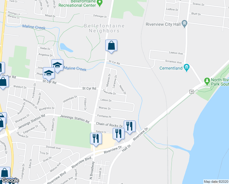 map of restaurants, bars, coffee shops, grocery stores, and more near 825 Teurville Drive in Saint Louis