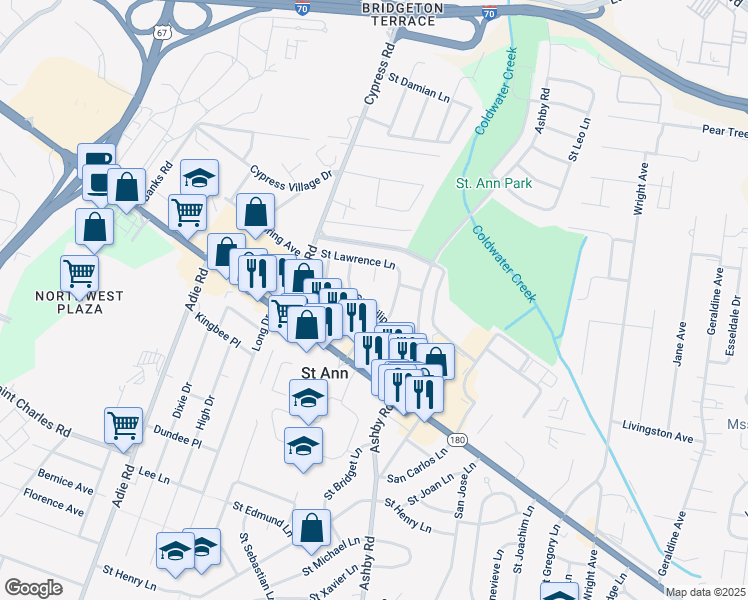 map of restaurants, bars, coffee shops, grocery stores, and more near 10614 Saint Philip Lane in Saint Ann