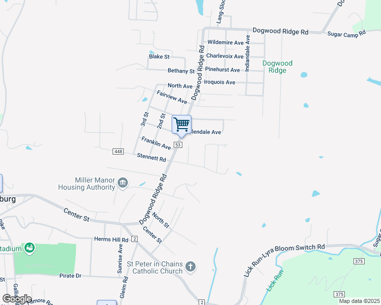 map of restaurants, bars, coffee shops, grocery stores, and more near 1250 Bihl Street in Wheelersburg