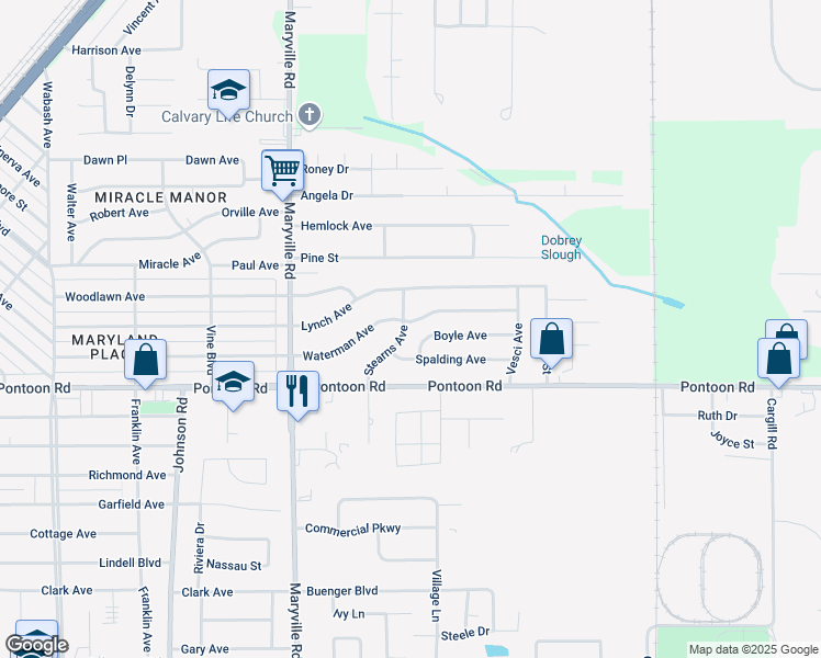 map of restaurants, bars, coffee shops, grocery stores, and more near 2549 Boyle Avenue in Granite City