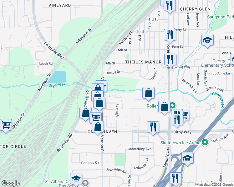 map of restaurants, bars, coffee shops, grocery stores, and more near 1675 Vernon Street in Roseville