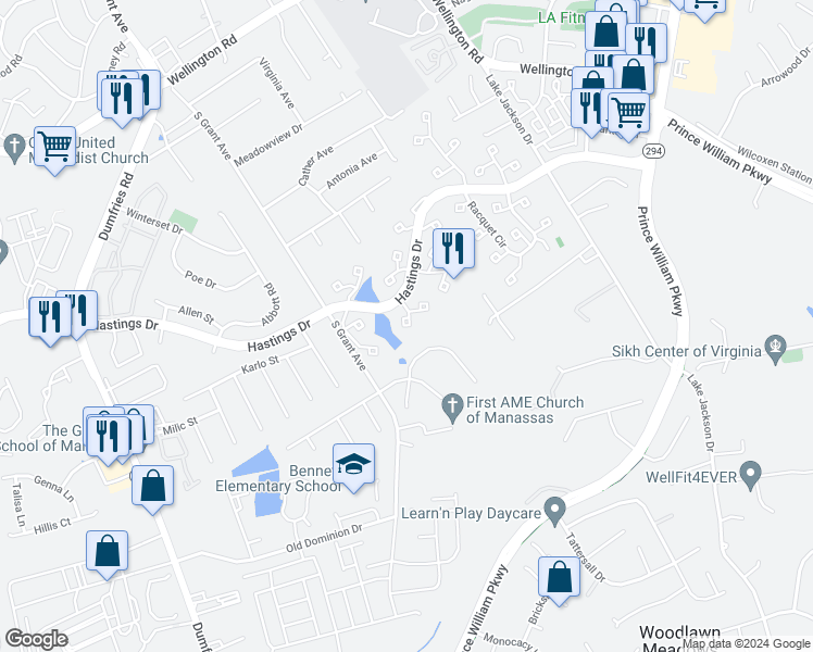 map of restaurants, bars, coffee shops, grocery stores, and more near 10250 Farmington Court in Manassas
