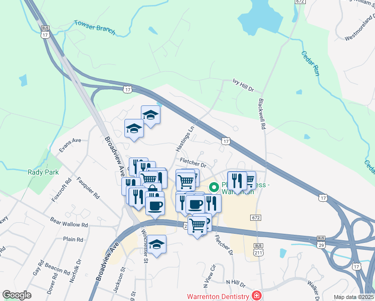 map of restaurants, bars, coffee shops, grocery stores, and more near 663 Hastings Lane in Warrenton