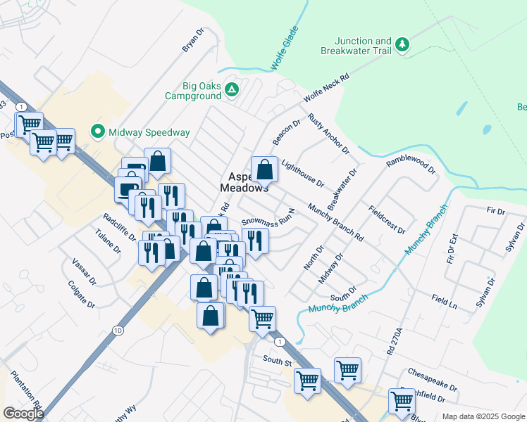 map of restaurants, bars, coffee shops, grocery stores, and more near 35627 Snowmass Run North in Rehoboth Beach