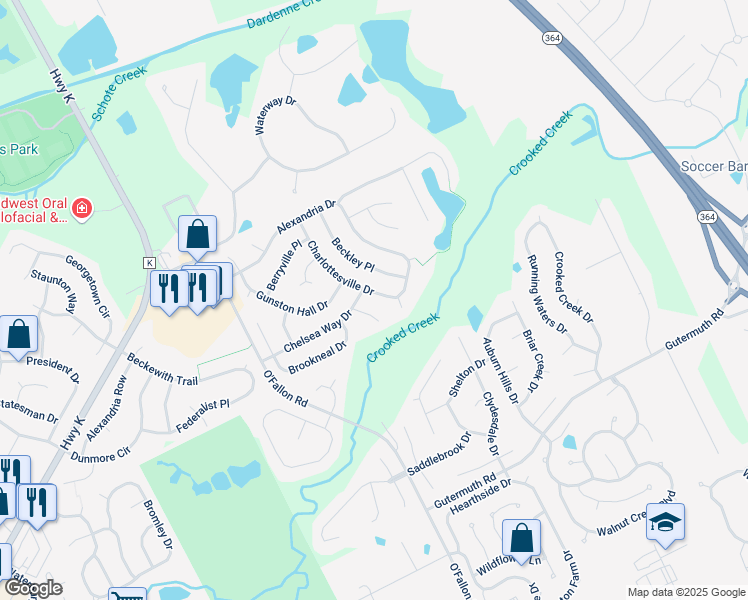 map of restaurants, bars, coffee shops, grocery stores, and more near 78 Morgantown Court in Saint Charles
