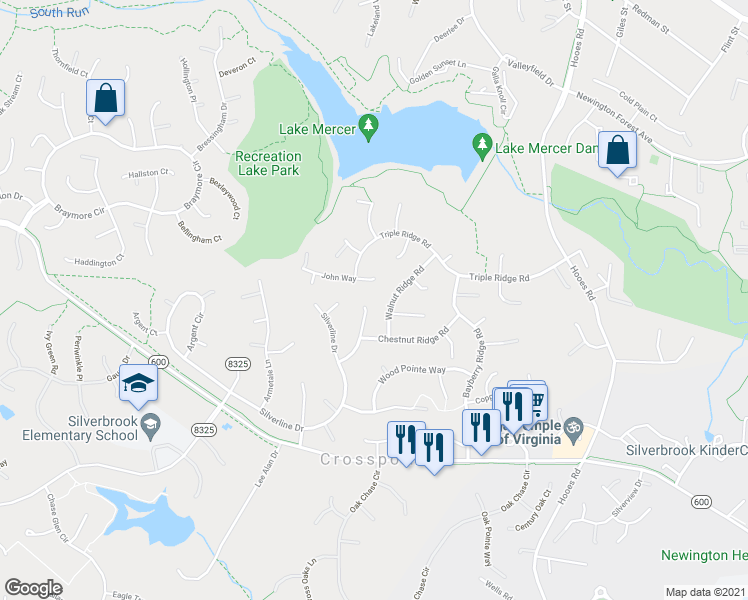 map of restaurants, bars, coffee shops, grocery stores, and more near 8287 Tabor Lane in Fairfax Station