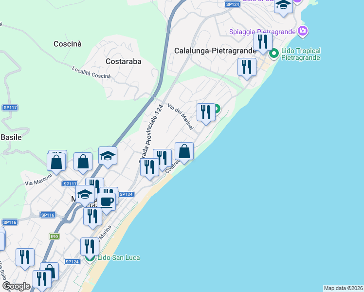map of restaurants, bars, coffee shops, grocery stores, and more near 53 Contrada Ceci in Calalunga-pietragrande