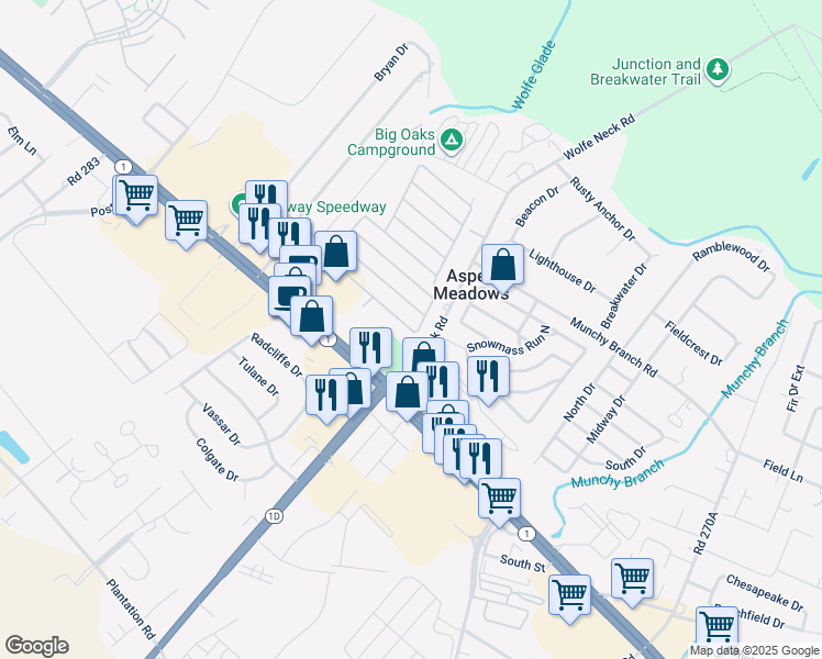 map of restaurants, bars, coffee shops, grocery stores, and more near 16 Colonial Lane in Rehoboth Beach