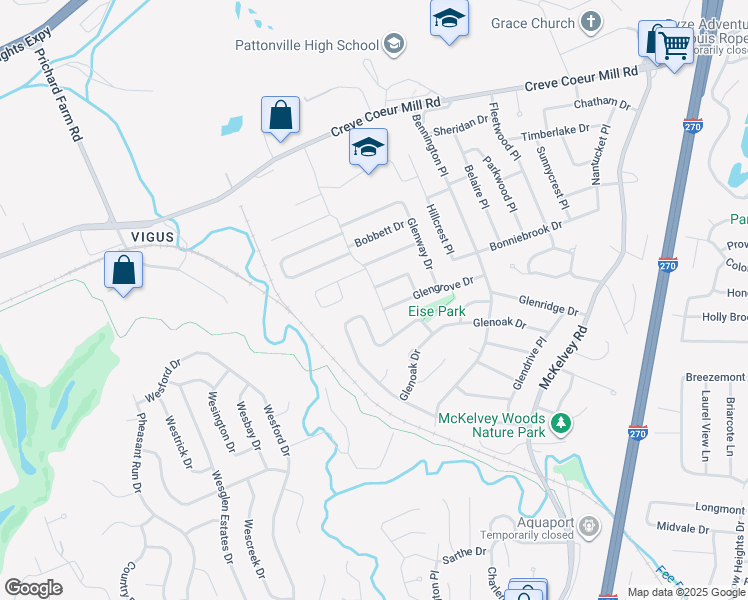 map of restaurants, bars, coffee shops, grocery stores, and more near 12216 Glenpark Drive in Maryland Heights