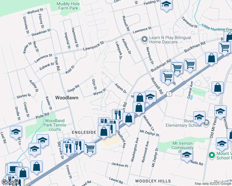 map of restaurants, bars, coffee shops, grocery stores, and more near 8337 Brockham Drive in Alexandria