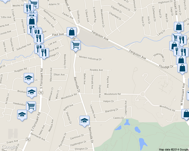 map of restaurants, bars, coffee shops, grocery stores, and more near 6162 Emerald Avenue in Ferguson