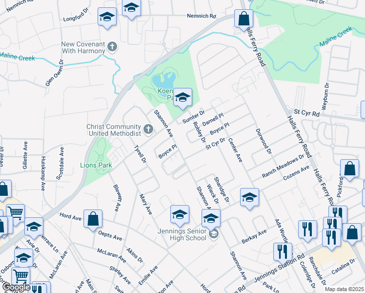map of restaurants, bars, coffee shops, grocery stores, and more near 2527 Shannon Avenue in Jennings