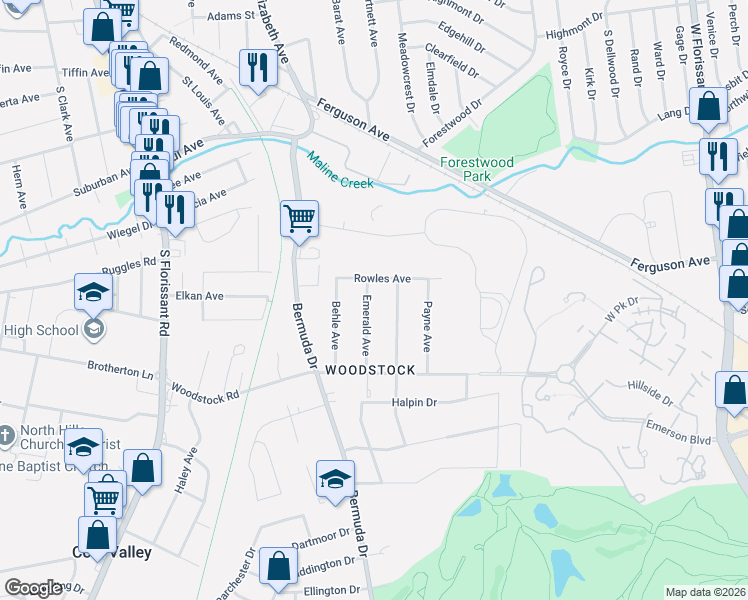 map of restaurants, bars, coffee shops, grocery stores, and more near 6162 Emerald Avenue in Ferguson