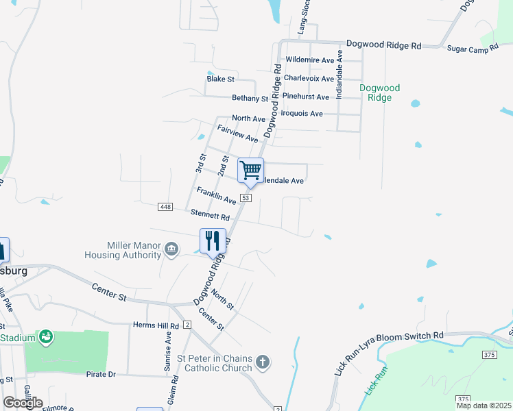 map of restaurants, bars, coffee shops, grocery stores, and more near 1250 Bihl Street in Wheelersburg